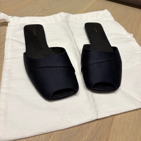 The Row Shoes - The Row "Milla" Satin Slides in Navy, Size 37.5